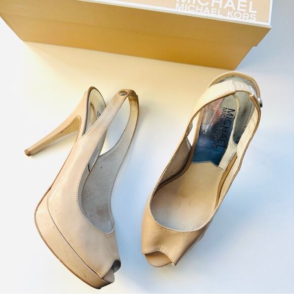 MICHAEL KORS Nude Beige Tan Leather Peep Toe Slingback 5” Heel Pumps Shoes 7 - Picture 1 of 16